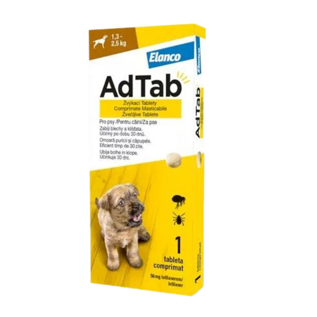 Oral Antiparasitic for Dogs 1.3-2.5 kg AdTab Dog 56.25 mg, 1 tablet, Elanco