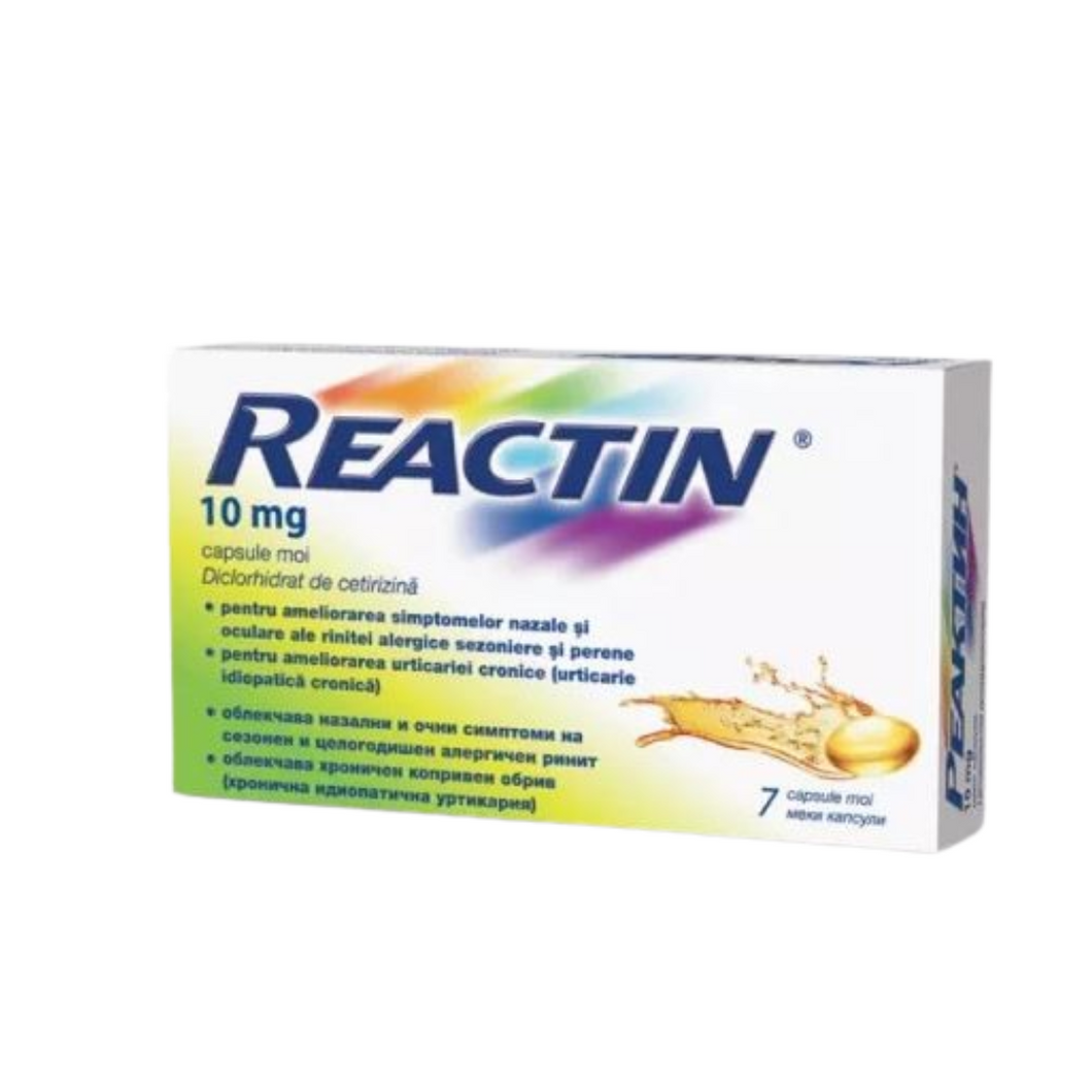 Reactin, 10 mg, 7 capsules, relieve nasal and ocular symptoms of seasonal and perennial allergic rhinitis, relieve chronic urticaria