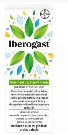 Iberogast oral drops, stomach pain, fullness, flatulence, gastrointestinal cramps, nausea and heartburn